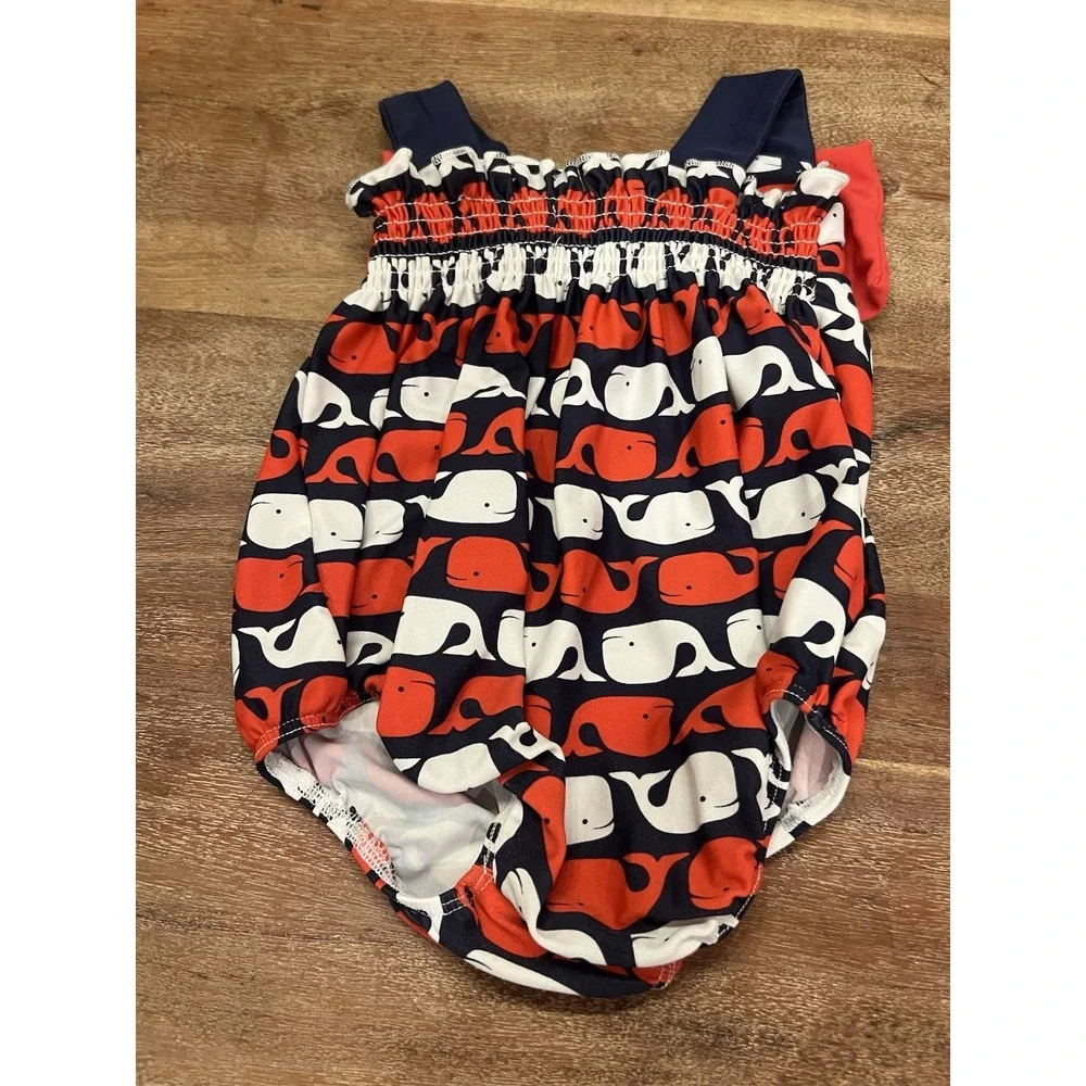 Mudpie Toddler Girls Whale Bow One Piece Swimsuit Red White Blue Size 9-12 Month
